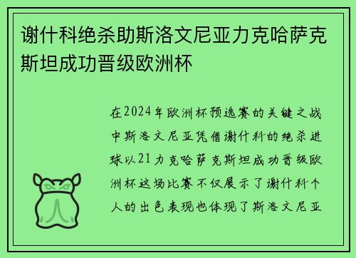 谢什科绝杀助斯洛文尼亚力克哈萨克斯坦成功晋级欧洲杯